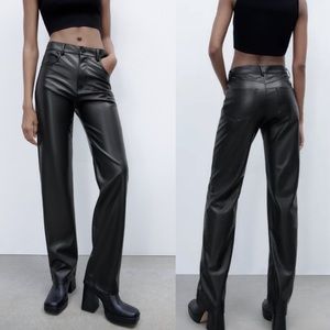 Zara Faux Leather High Rise Straight Leg Pants Black Size Small New